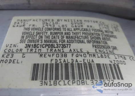 2011 Nissan Versa 1.8S z USA, uszkodzony, nr VIN 3N1BC1CP0BL373577